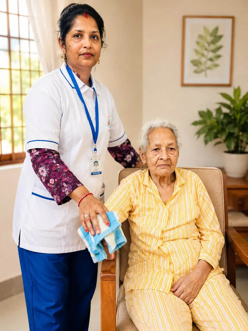Female nurse caring for an elderly woman at home