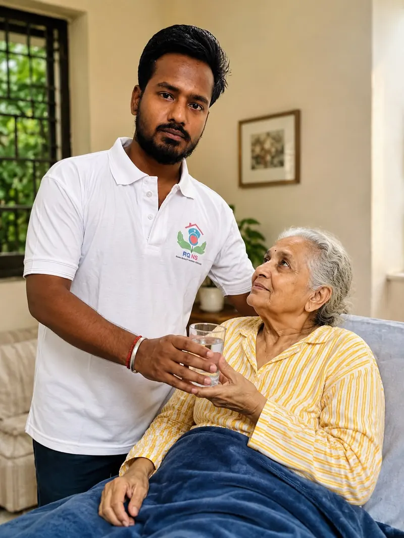 Male nurse helping an elderly woman with a glass of water